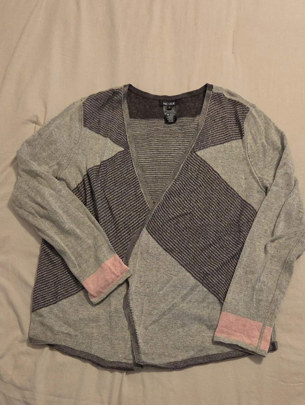 Nic + Zoe Gray & Charcoal Striped Open Cardigan with Pink Cuff Detail